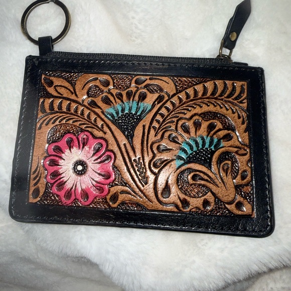 Genuine Leather Black and Brown Floral Key Card Holder - Picture 3 of 7